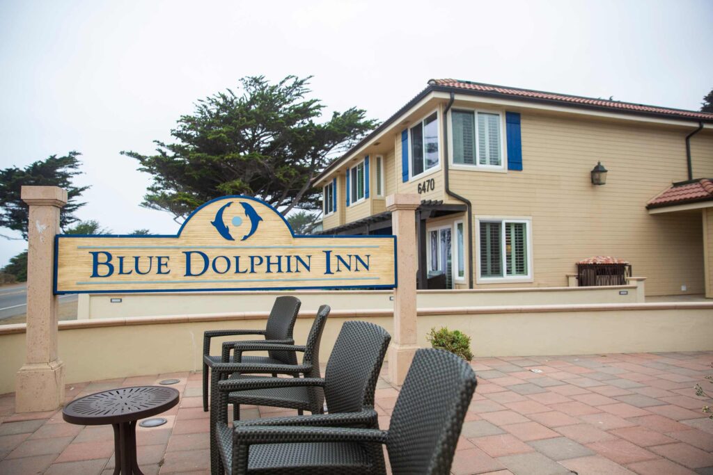 A sign reads "Blue Dolphin Inn" in front of a building and a set of table and chairs.