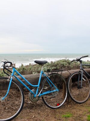 Two bicycles resting against a wooden ledge near the ocean in Cambria, California