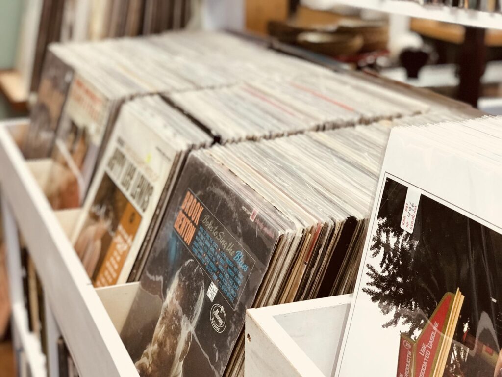 Closeup of vintage records at a thrift store