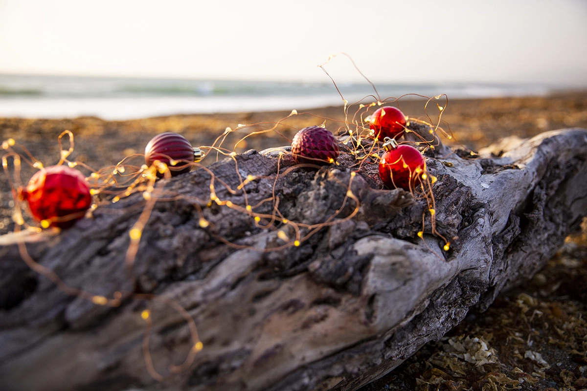 Christmas Lights & Ornaments on Beach