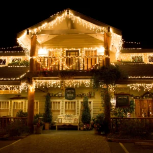 Cambria Pines Lodge at night with Christmas Lights