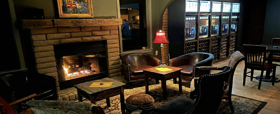 The Optimyst tasting room with fireplace